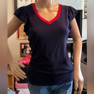 Women’s Navy V-Neck Top with Red Trim